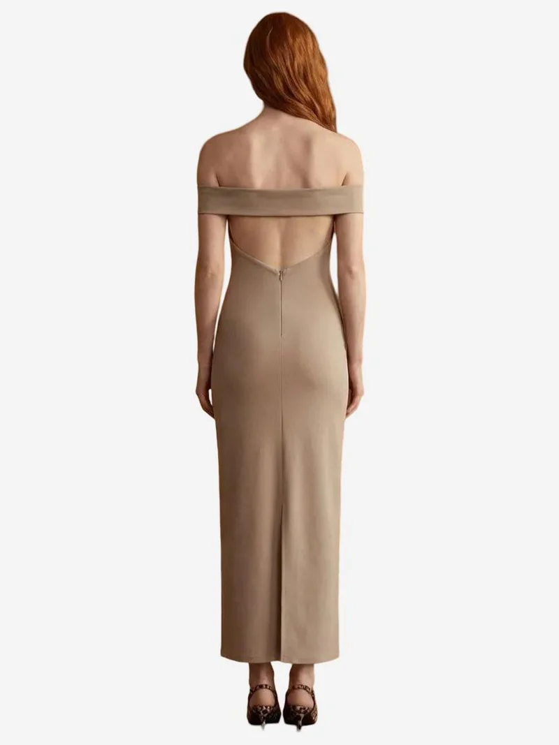 MY FASHION Beige Natural MY FASHION Off Shoulder Bodycon Maxi Dress with Slit for Women | Best Price UAE